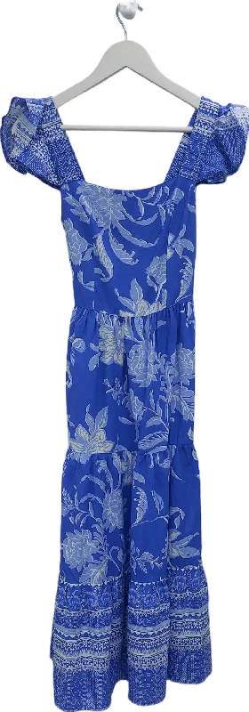 lipsy london Blue Ruffle Floral Belted Midi Linen Look Dress UK 6