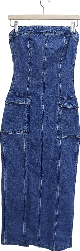 Warehouse Blue Bandeau Denim Cargo Maxi Dress UK 8