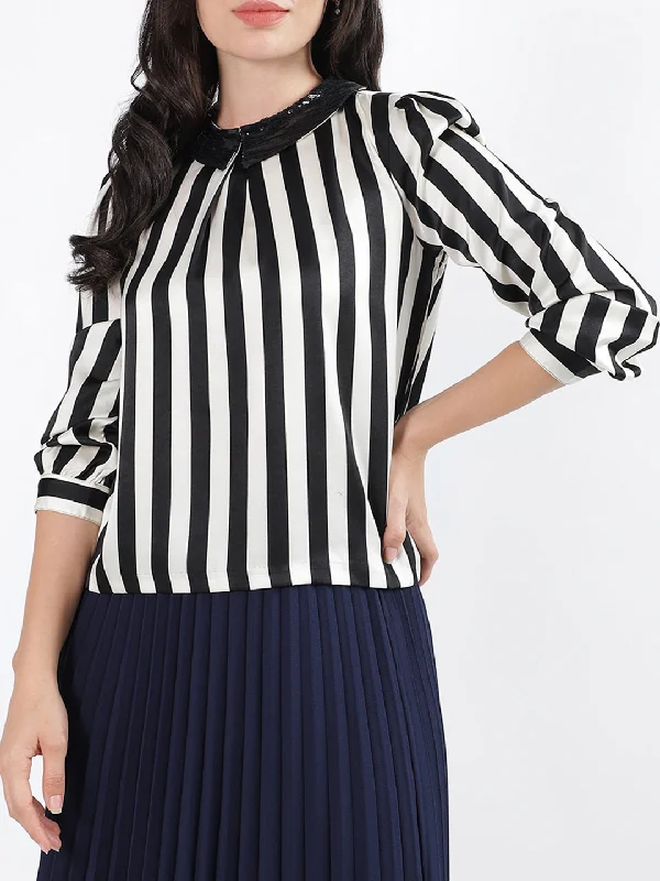 Centre Stage Women Striped Peter Pan Collar Full Sleeves Top