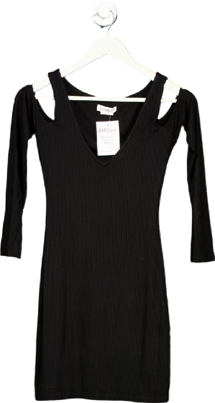 Refined Black Ribbed Cold Shoulder Dress UK S