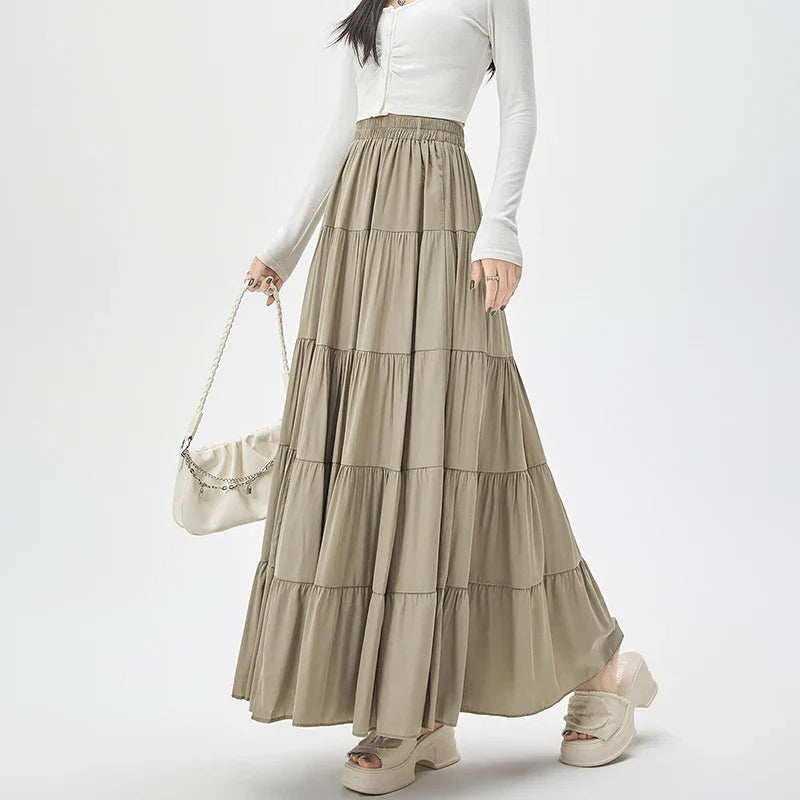 FashionSierra - New Fashion Women Layered 2024 Spring Summer High Waist A-line Long Ladies Holiday Style Casual Loose Skirt