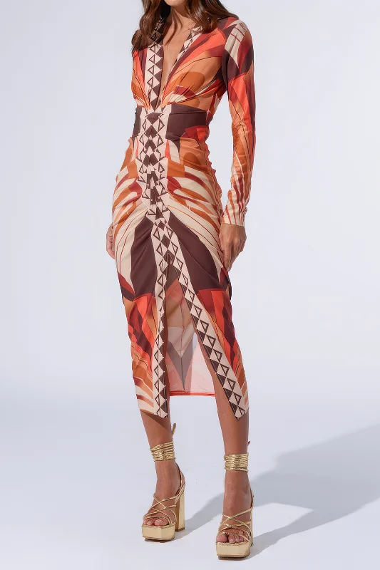 Bohemian Print V-Neck Long Sleeve Maxi Dress