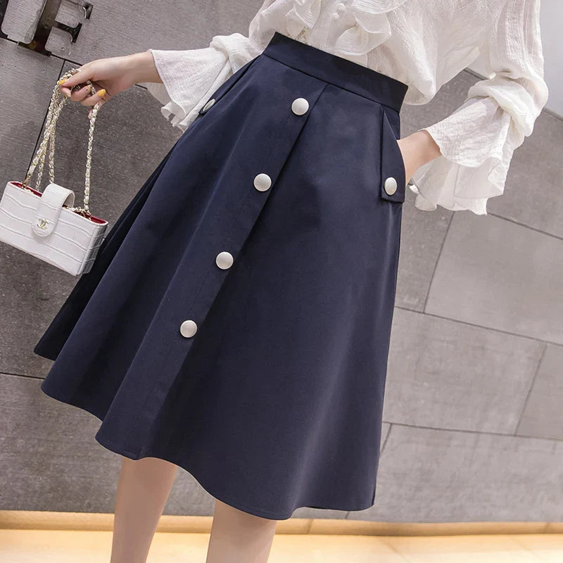 FashionSierra - 2024 Spring New Women Midi Single-breasted A-Line High Waist Ladies Summer Vintage Casual Umbrella Skirt