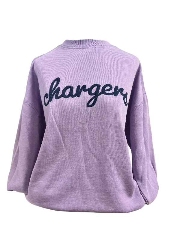 Women's Chicka-d sweatshirt, lilac, navy Chargers script