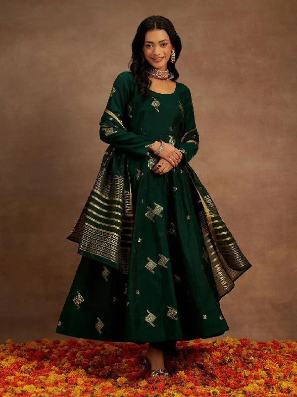 Green Woven Design Chanderi Silk Anarkali Suit With Dupatta