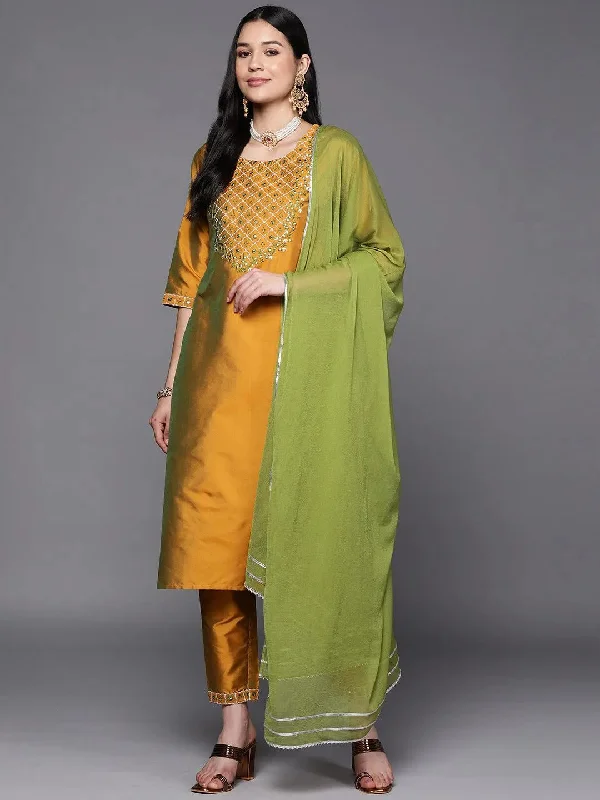 Mustard Yoke Design Silk Blend Straight Kurta With Dupatta