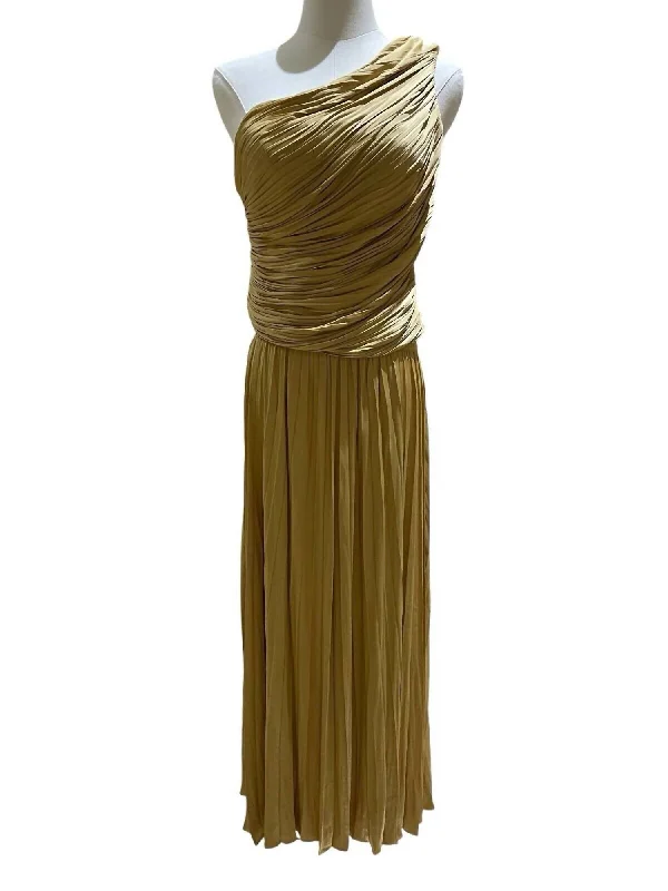 One Shoulder Smocked Top And Pleated Midi Skirt Set In Gold