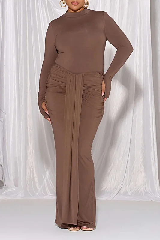 Plus Size Long Sleeve Tie Front Ruched Maxi Dress