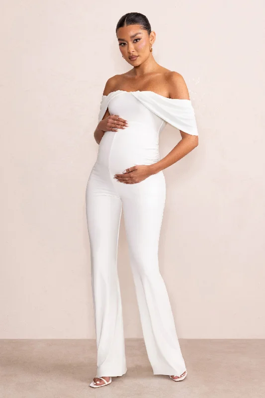 Renata | White Draped Sleeve Bardot Maternity Jumpsuit