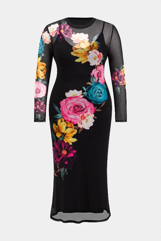 Plus Size Floral Print Mesh Round Neck Long Sleeve Maxi Dress