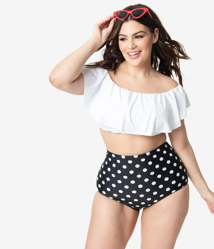 Unique Vintage Plus Size White Ruffled Ramona Swim Top