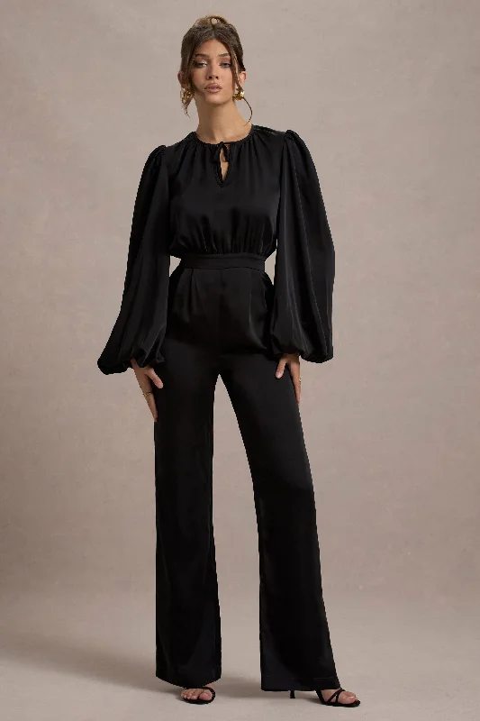 Suzanna | Black Satin Puff-Sleeve Wide-Leg Jumpsuit