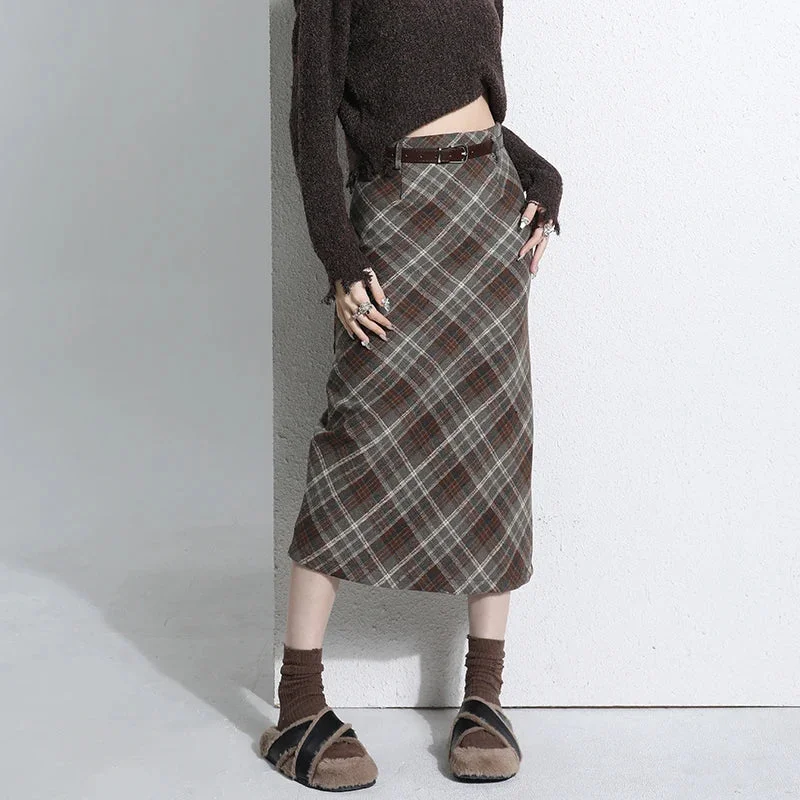 Retro Woolen Plaid Womens Fashion Autumn Winter Wool High Waist A-line Midi Ladies Casual Long Skirt