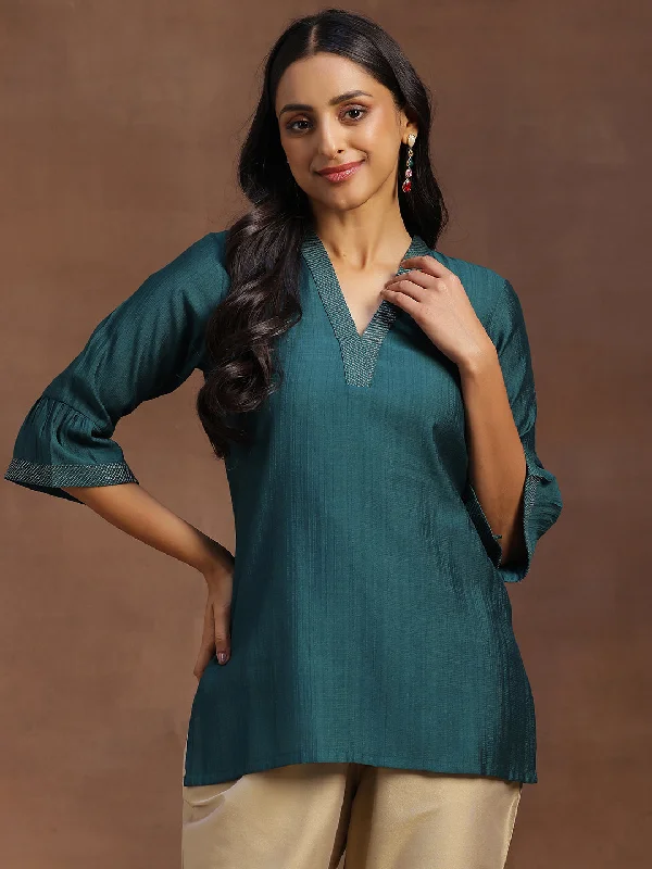 Green Solid Silk Blend Straight Kurti