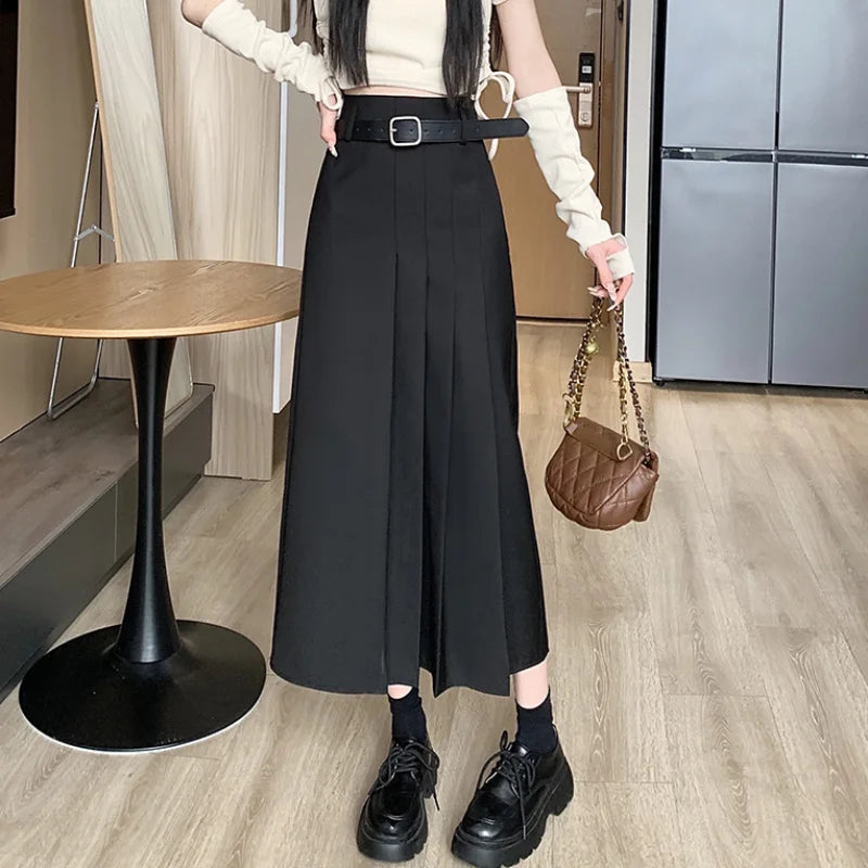 Spring Autumn Fashion High Waist A-line Pleated Womens Black Casual Suit LadiesTtemperament A-line Long Skirt