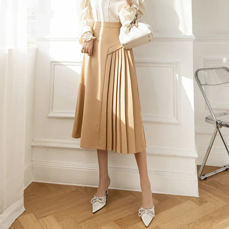 FashionSierra High Waist A-line Pleated Womens Spring Summer Fashion Mid-length Office Ladies Temperament Umbrella Skirt