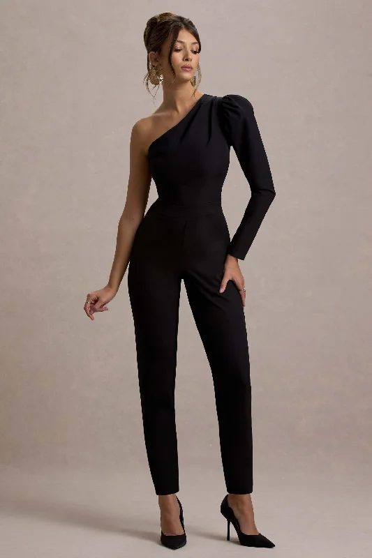 San Jose | Black One-Shoulder Puff-Sleeve Jumpsuit