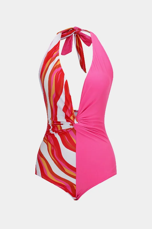 Stripes Print Ruched Backless Knotted Halter Neck Swimwear