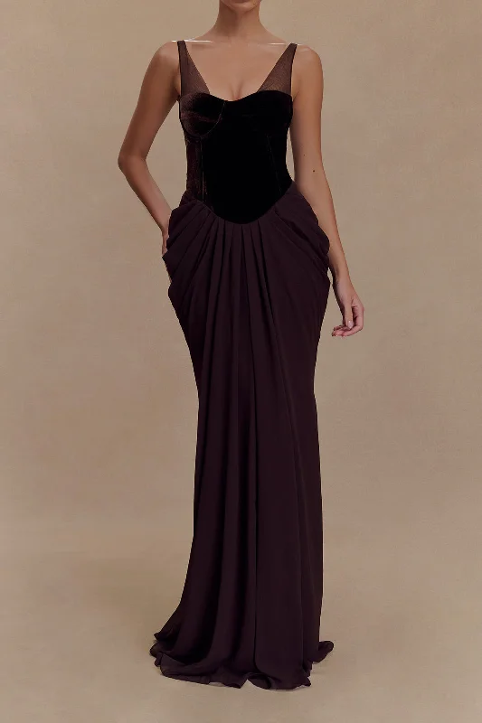 Chiffon Velvet Patchwork Ruched V-Neck Sleeveless Maxi Dress