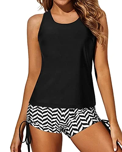 Women's Athletic 3 Piece Tankini Swimsuits Boy Shorts And Bra-Black And White