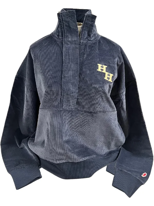 Women's 1/2 zip, corded navy, gold stacked Hs