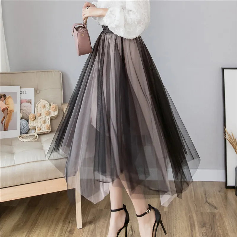 FashionSierra - 2024 New Fashion High Waist Irregular Tulle Long Women Spring Summer Casual Hit Color Pleated Skirt