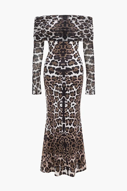 Leopard Print Mesh Off Shoulder Long Sleeve Maxi Dress