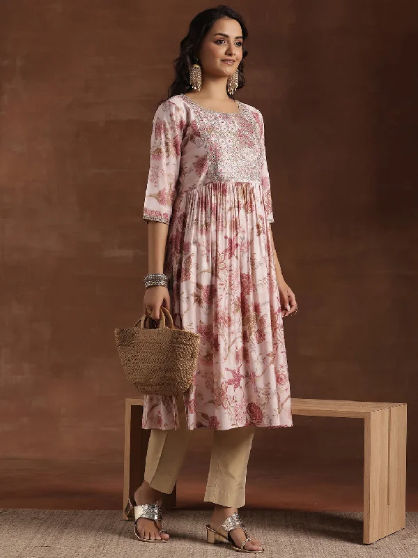 Pink Printed Silk A-Line Kurta