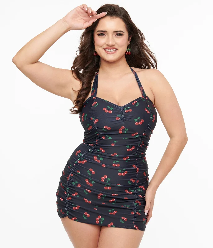 Collectif 1950s Black & Red Cherry Print Skirted Swimsuit