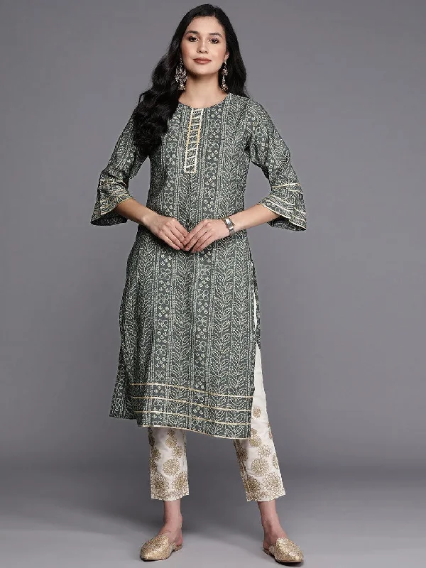 Grey Printed Silk Straight Kurta