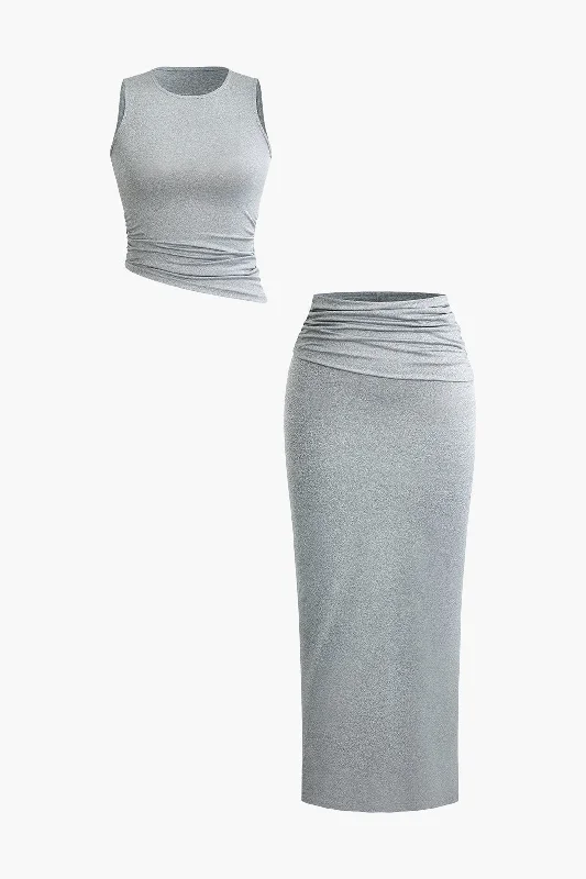 Basic Ruched Sleeveless Top And Slit Maxi Skirt Set