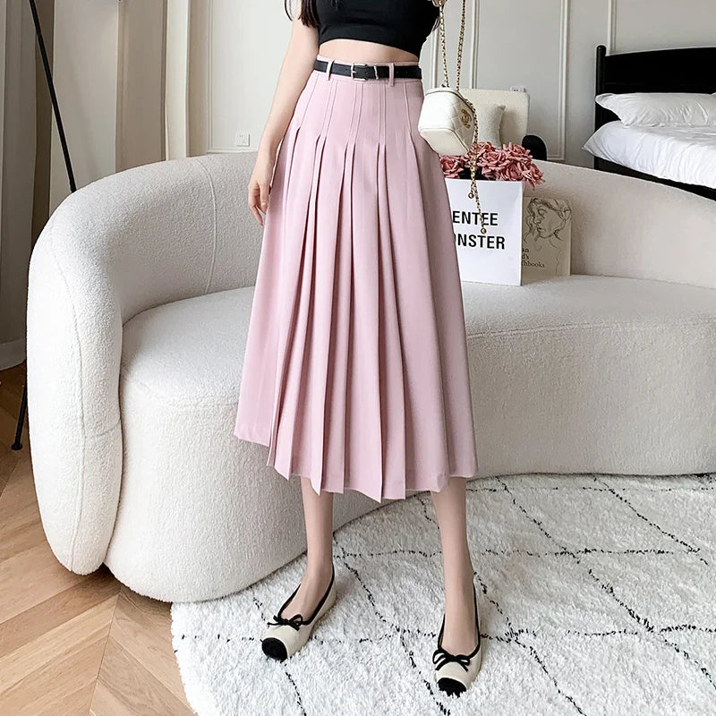 FashionSierra - New Spring Autumn High Waist Midi Pleated Womens Fashion A-line Casual Suit Ladies Vintage Umbrella Skirt