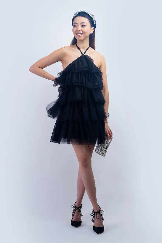 Black Halter Neck Tulle Ruffle Mini Dress