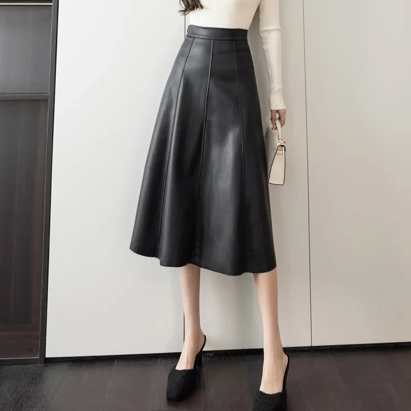 FashionSierra - A-line Leather Splicing High Waist For Women Office Mid-length Female Autumn Winter PU Umbrella Skirt