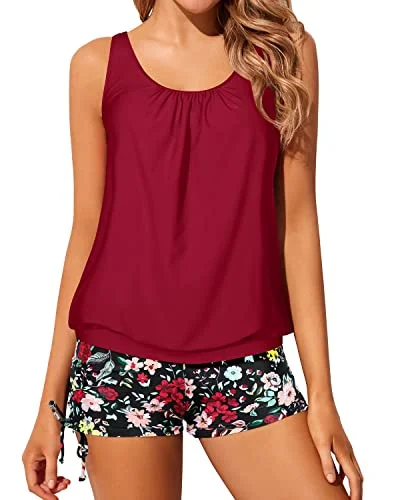 Two Piece Tankini Swimsuits For Women Tops Boyshorts-Red Floral