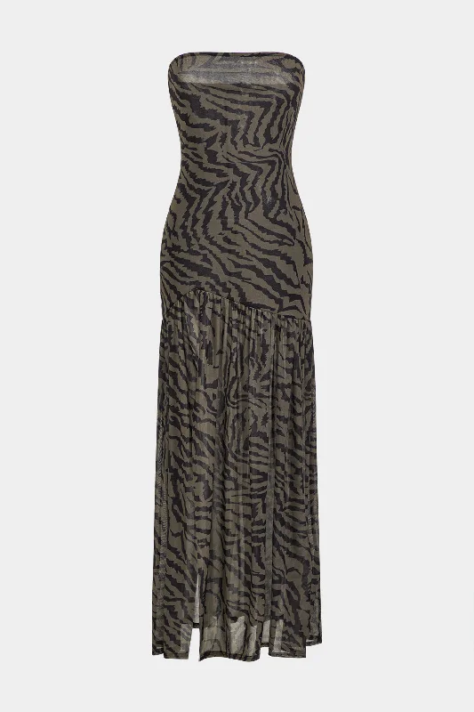 Zebra Stripe Print Backless Slit Strapless Maxi Dress