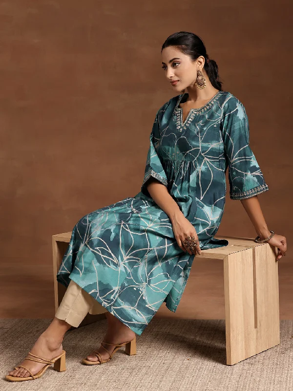 Blue Printed Silk A-Line Kurta