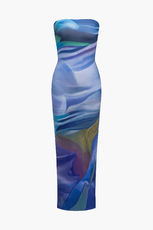 Abstract Print Strapless  Maxi Dress