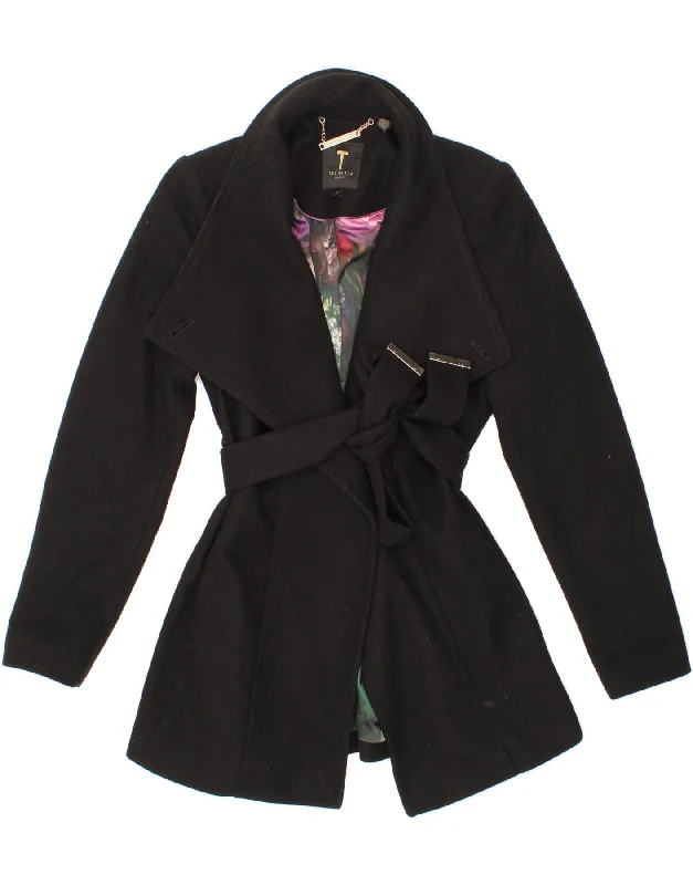 TED BAKER Womens Overcoat Size 2 Small Black Wool