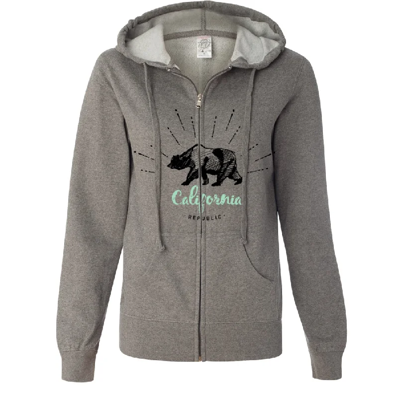 California Republic Stencil Ladies Lightweight Fitted Zip-Up Hoodie