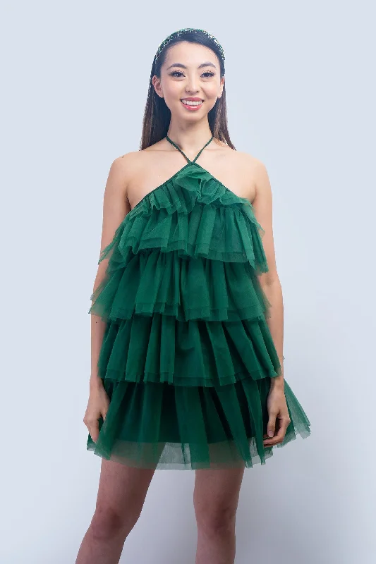 Hunter Green Halter Neck Tulle Ruffle Mini Dress