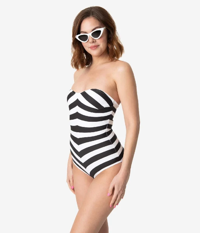 BarbieÂª x Unique Vintage Black & White Chevron Stripe One Piece Bathing Suit