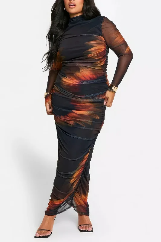 Plus Size Floral Print Sheer Round Neck Maxi Dress