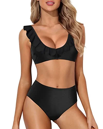 Ruffle Two Piece Bikini Sets Swimsuit High Waisted Bathing Suit-Black