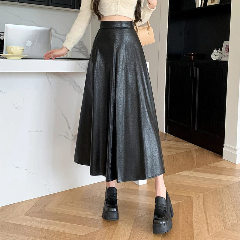 PU Leather Womens Autumn Winter New Fashion High Waist A-line Pleated Long Ladies Vintage Elegant Umbrella Skirt