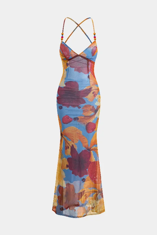 Tropical Floral Print Mesh Backless Maxi Dress