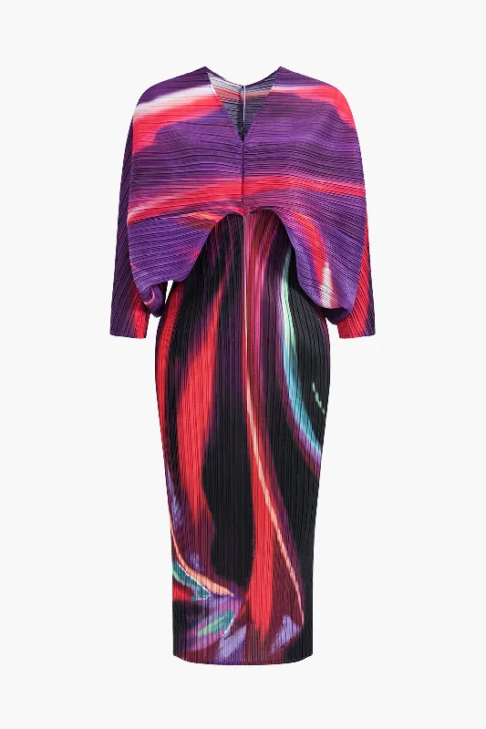 Abstract Print Pleated V-Neck Batwing Sleeve Maxi Dress