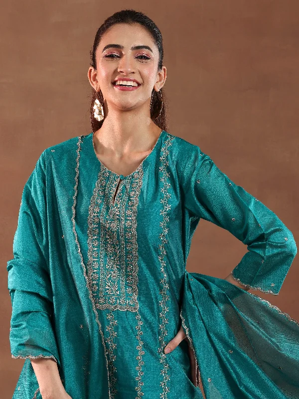 Teal Embroidered Chanderi Silk Straight Suit With Dupatta