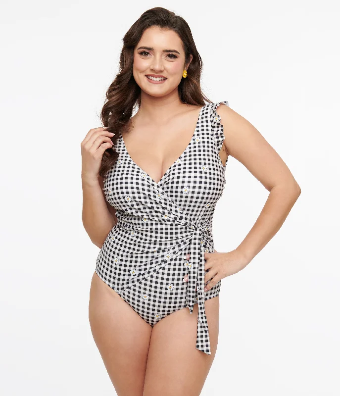 Black & White Daisy Gingham Wrap One Piece Swimsuit