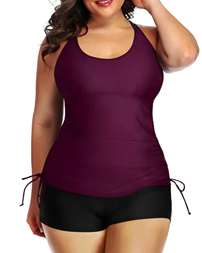 Athletic Plus Size Two Piece Ruched Swimsuit Tummy Control-Maroon